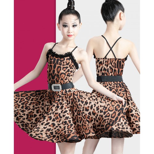 Girls Leopard Latin Dance dresses kids rumba chacha dance dress modern dance latin dance costumes sling dress for children